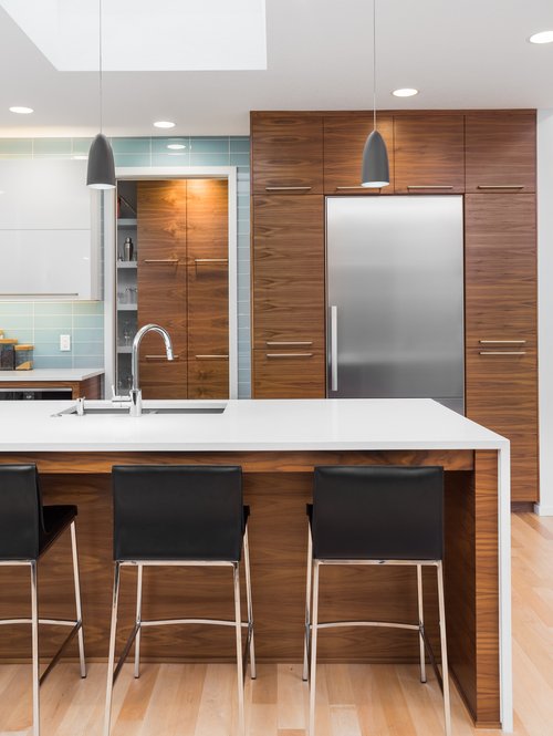 Modern,Kitchen,Detail,In,New,Luxury,Home.,Features,Waterfall,Island,